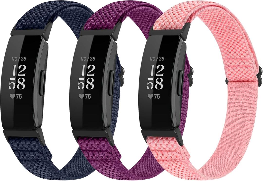 Adjustable Elastic Nylon Sport Bands Compatible with Fitbit Inspire 3/Inspire 2/Inspire/Inspire HR/Ace 2/Ace 3, Soft Loop Stretchy Straps Replacement Wristbands for Fitbit Inspire Women Men (Indigo+Purple+Pink)