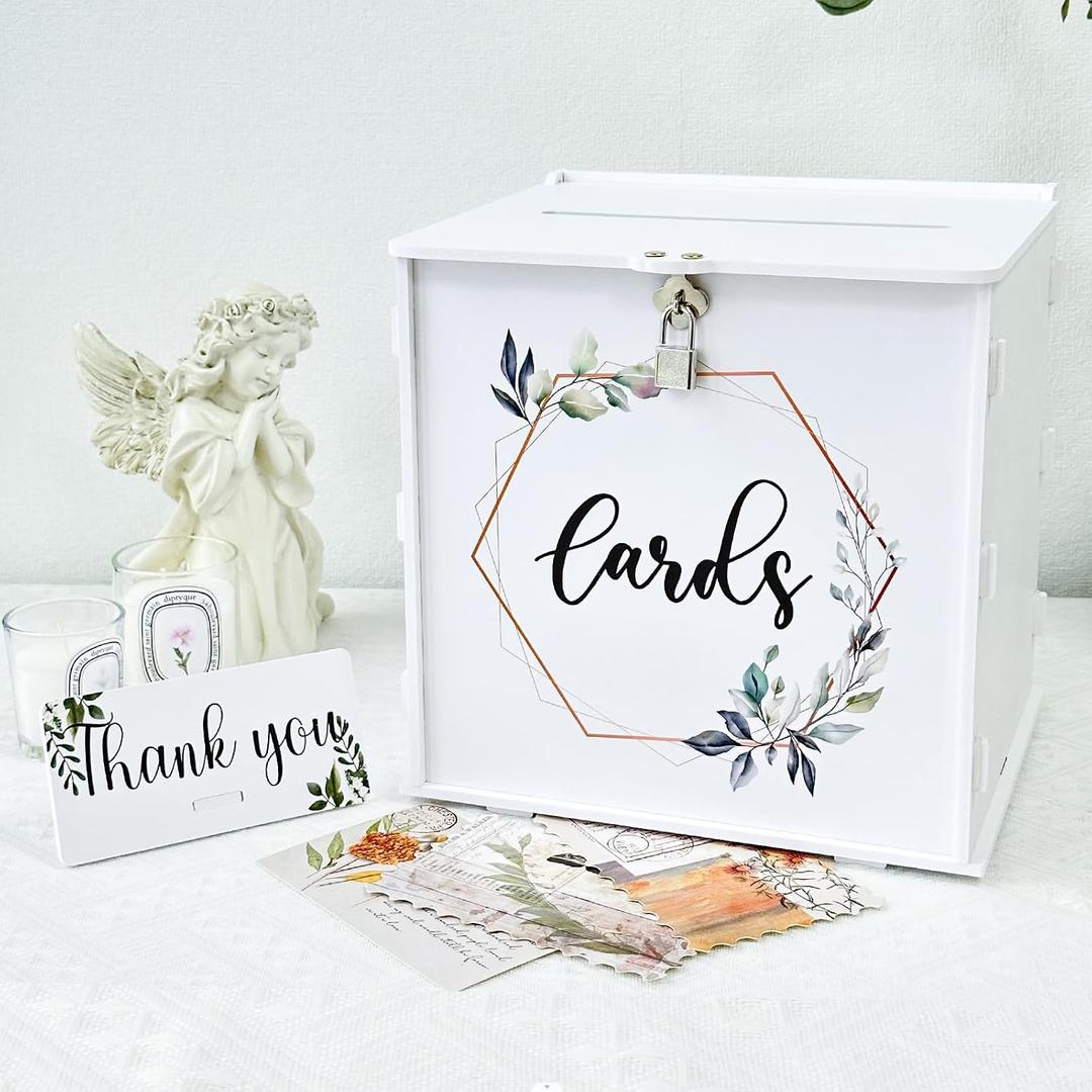 Our Warm White Wedding Card Box with Lock, PVC Gift Card Box for Wedding Reception, Eucalyptus DIY Wedding Envelope Money Card Box for Party, Graduation, Birthday Baby Shower Decorations