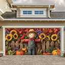 6x13ft Fall Harvest Garage Door Banner Scarecrow Sunflowers Pumpkins Corn Fence Rustic Farmhouse Wall Mural Outdoor Indoor Photo Background Decor Seasonal Party Decorations