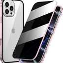 Magnetic Privacy Case for iPhone 16 Pro Max, Anti peep Magnetic Adsorption Double Side Tempered Glass Full Body Case Privacy Screen Protector Metal Titanium Frame Clear Back Phone Case Cover Pink