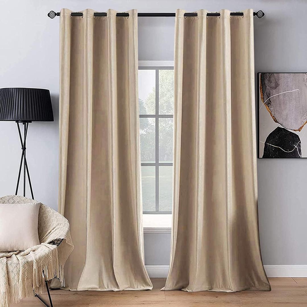 MIULEE 2 Panels Blackout Velvet Curtains Solid Soft Grommet Camel Beige Curtains Thermal Insulated Soundproof Room Darkening Drapes/Panels for Living Room Bedroom 52 x 90 Inch