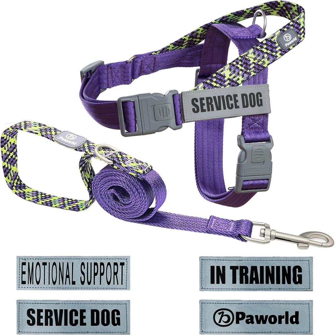 Service Dog Harness and Leash Set, No-Pull Service Dog Vest with 4 PCS Reflective Patches, Dog Vest Harness with Handle, Pet Harness for Small Medium Large Dogs in Training (Purple, L)
