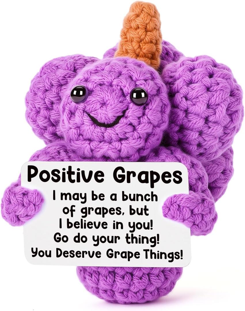 Handmade Positive Crochet Grapes Plush with Inspirational Card, Emotional Supporting Gift for Coworker, Friend, or Loved One, Perfect for Desk Decor, Birthday, Christmas, Under $10