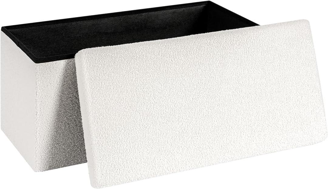 30 Inch Storage Ottoman Bench, Boucle Folding Ottoman Footstool, Rectangular Sherpa Footrest Storage Bench for Bedroom, Living Room, Entryway, Dorm, White, 30"D x 15"W x 15"H