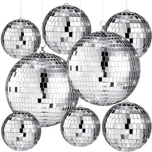Haull 8 Pcs Large Disco Ball Set Silver Mirror Disco Reflective Ball with Hanging Ring Party Ornament Decoration for Stage Club Ballroom Dance Hall Wedding Prom Props(3'', 4'', 6'')