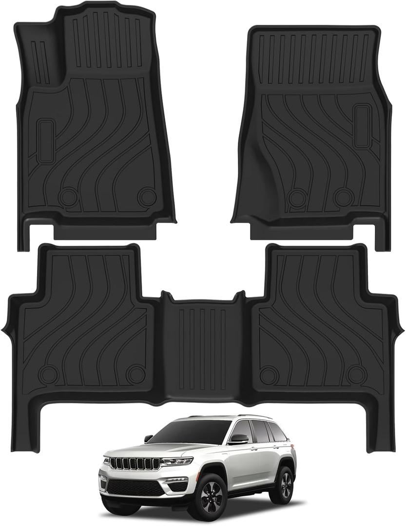 Falafa Floor Mats for 2022-2025 Jeep Grand Cherokee 5 Seats (Include 4xe, Not for WK or L), All Weather TPE Heavy Duty Floor Liners, 1st and 2nd Row Grand Cherokee Accessories Trunk Car Mats, Black