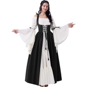 Spooktacular Creations Renaissance Costume Women, Medieval Black Chemise Ren Faire Dress Irish Overdress, Renaissance Corset with Trumpet Sleeve for Halloween Cosplay Wedding Themed Parties, Large
