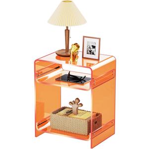 Acrylic End Table Record Player Table with Storage Shelf Clear Side Table Nightstand, Orange | Storage Shelf