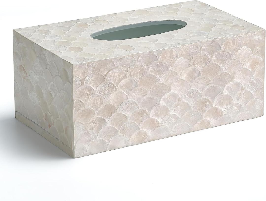 Rectangular Capiz Tissue Box Cover, Decorative Mother of Pearl Inlay Tissue Box Holder for Bedroom, Bathroom, Kitchen, and Office, Rectangle Tissue Box Cover White (10.25 x 5.9 x 4.33)