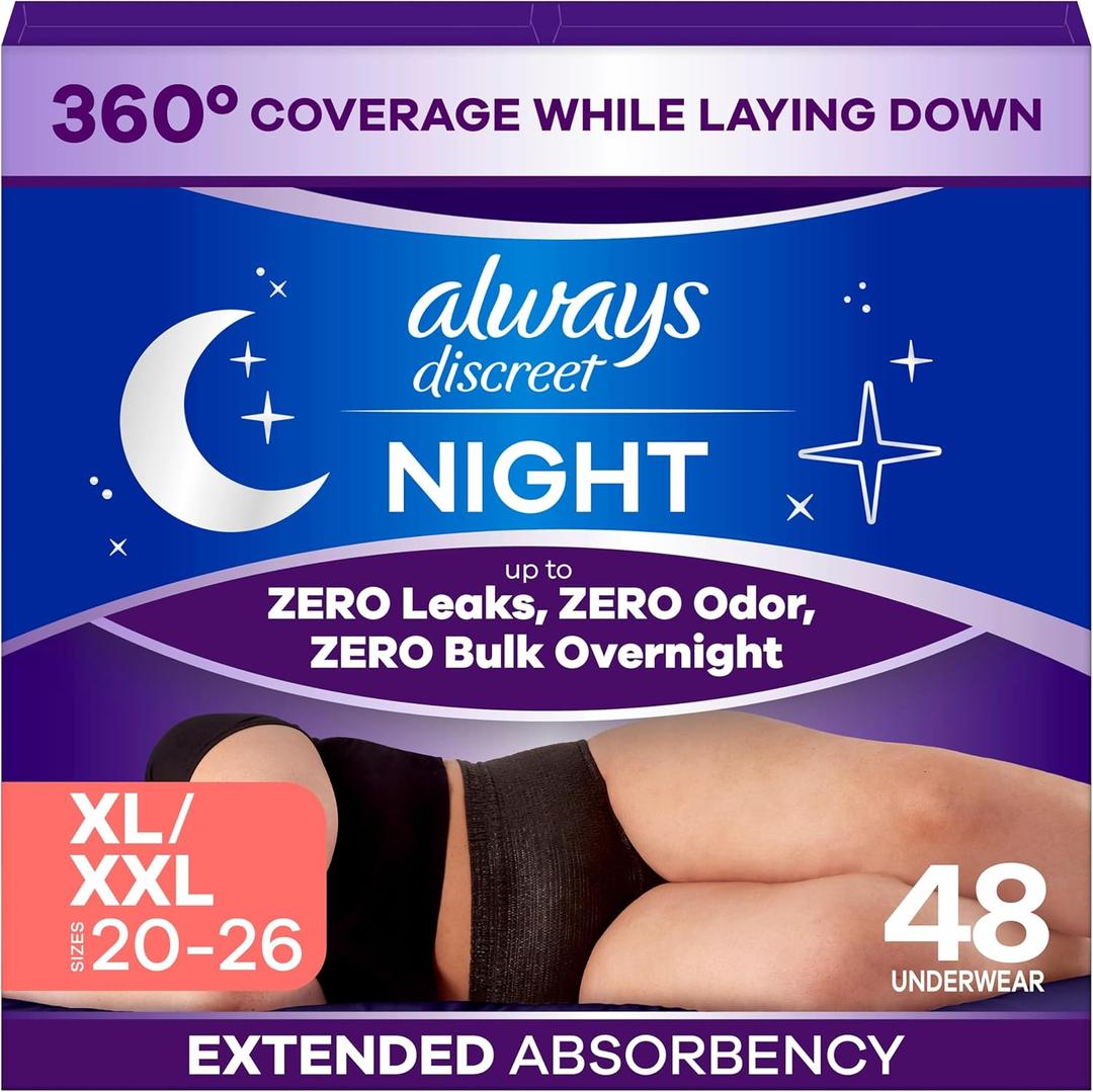 Always Discreet Night, Reimagined Adult Diapers for Women, Extended Overnight Absorbency Incontinence and Postpartum Underwear Size XL/XXL, 360 Degree Coverage While Laying Down, 48 Count