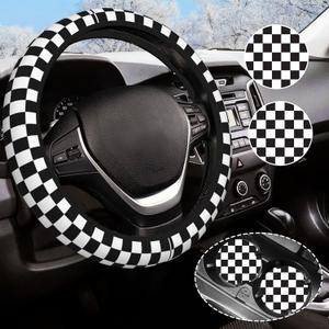 Black and White Checkered Steering Wheel Cover Rubber Anti-Slip 14.5-15 Inch Universal Steering Wheel Cover with 2 Pieces Car Coasters Suitable for Men Women (one size)