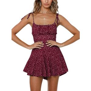 Jeanewpole1 Women's Boho Floral Wide Leg Short Romper Spaghetti Strap Smocked Jumpsuit, Red, Small