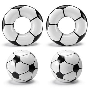 Soulchen 4 Pcs Soccer Inflatable Pool Floats Soccer Swimming Rings with 27" Inflatable Beach Balls Sports Theme Swim Tubes Rings for Adult Summer Sports Ball Decor Swimming Pool Beach Game