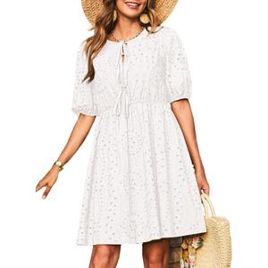 Dokotoo Summer Dresses for Women 2026 Tie Front V Neck Short Puff Sleeve Hollow Out Lace Wedding Guest Dress (White, L)