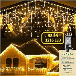 KNONEW 99ft 1216 LED Christmas Lights Outdoor Decorations with 228 Drops, 8 Modes Curtain Fairy String Light, Clear Wire LED String Light Indoor Decor for Wedding Party Christmas