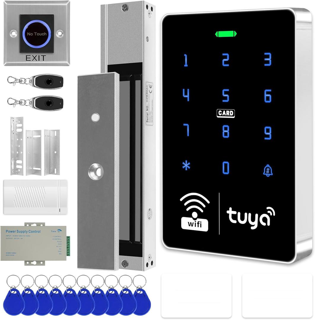WiFi TUYA Complete Security Access System Kit with Waterproof RFID Touch Keypad Door Lock, Smart Remote Door Opener, App600-Pound Electric Magnetic Lock + ZL, Metal Sensor Switch, Doorbel