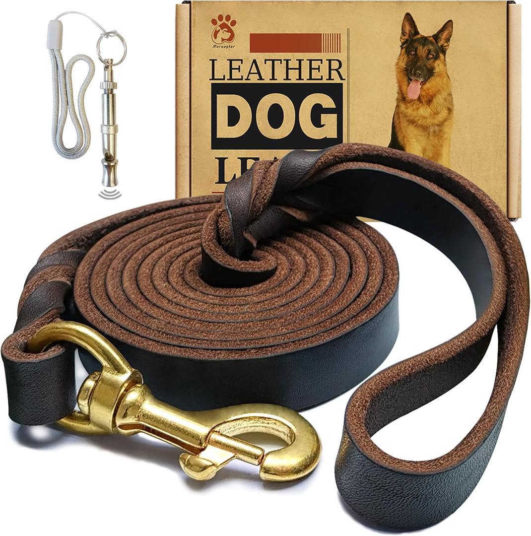 Leather Dog Leash - 6ft x 1/2 inch, Heavy Duty Genuine Leather Braided Training Leash, Comfortable for Large, Medium, Small Dogs (Brown)