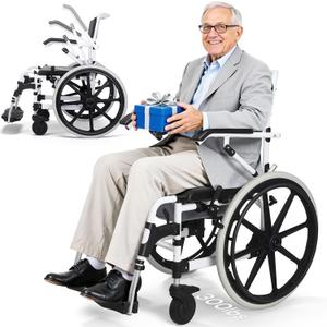 22" Self-Propelled Shower Wheelchair, 300LBs Heavy Duty Aluminum Shower Commode Chair with Flip-Up Armrests, Rolling Transfer Chair & Bathroom Mobility Aid for Seniors & Limited Mobility