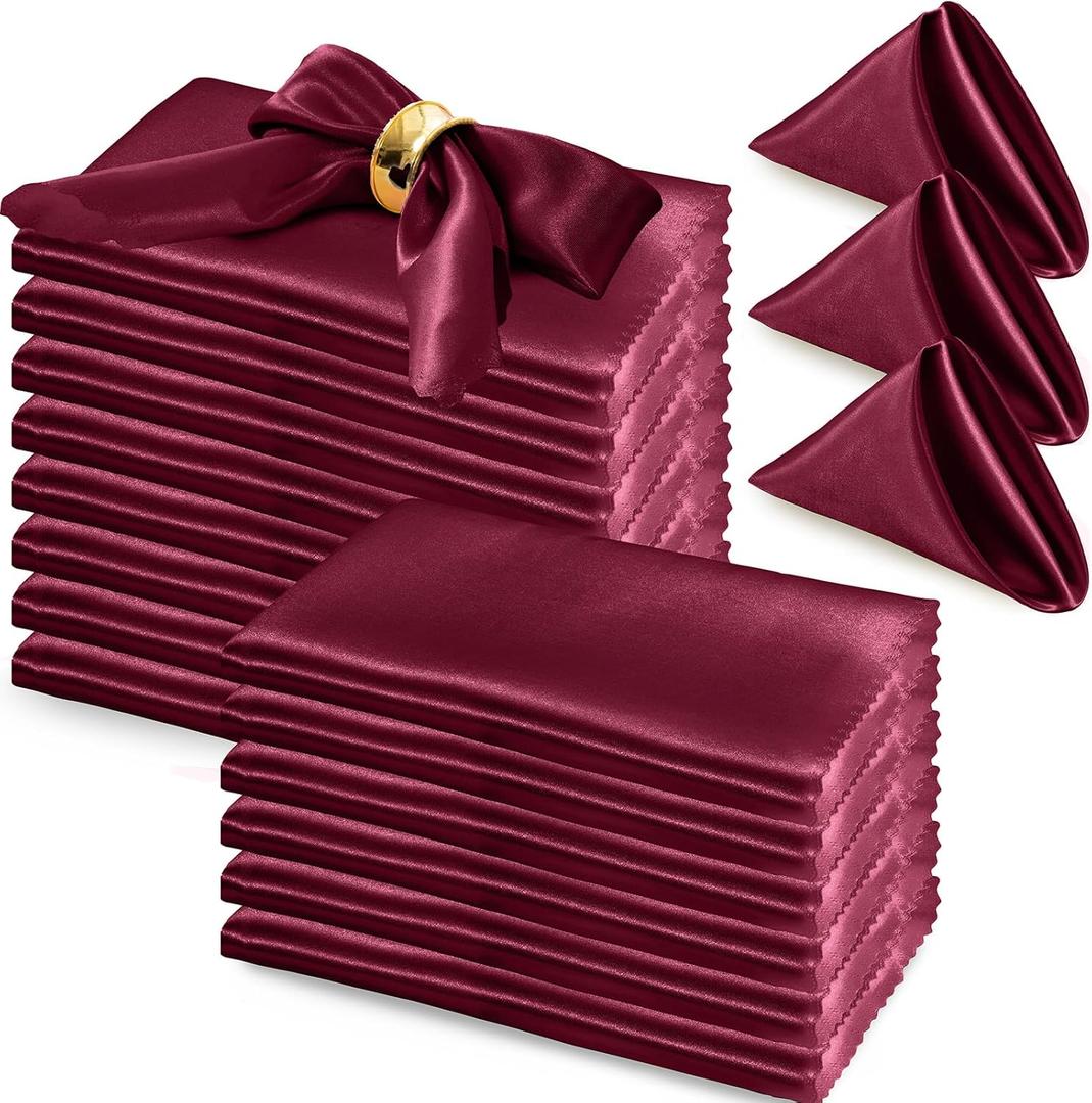 RUDONG M 72 Pack Burgundy Satin Napkin, 17 x 17 Inch Square Cloth Napkins, Soft Fabric Napkin with Scalloped Edges, Reusable Washable Dinner Table Napkins for Wedding, Banquet, Party