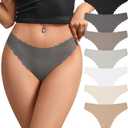 SHARICCA Women's Seamless Thongs No Show Underwear Soft Ribbed Invisible Panties Wave Edge Multi Pack (Medium, Black/Mud Gray/Silver Gray/Deep Brown/Beige Camel/Cream Beige/White)