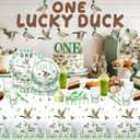 Mallard Duck 1st Birthday Decorations, One Lucky Duck Paper Plates 9'' and 7'', Napkins, Cups, 2Pcs Tablecloths, Banner, Cake Topper Duck Hunting Party Supplies Serves 24