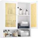 Bathroom Wall Cabinet, Bamboo Over-The-Toilet Storage Organizer with 2 Rattan Doors and Adjustable Shelf, Space Saver Medicine Cabinet for Laundry, Kitchen, Living Room (White)