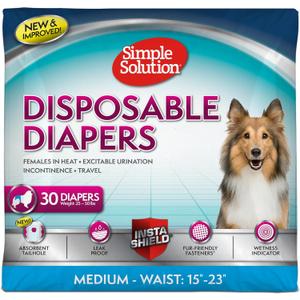 Simple Solution Disposable Dog Diapers, Female Dog Diapers, Puppy Potty Training, Incontinence and Heat Cycle Protection, Medium Diapers for Dogs, 15-23 Inch Waist, 30 Count