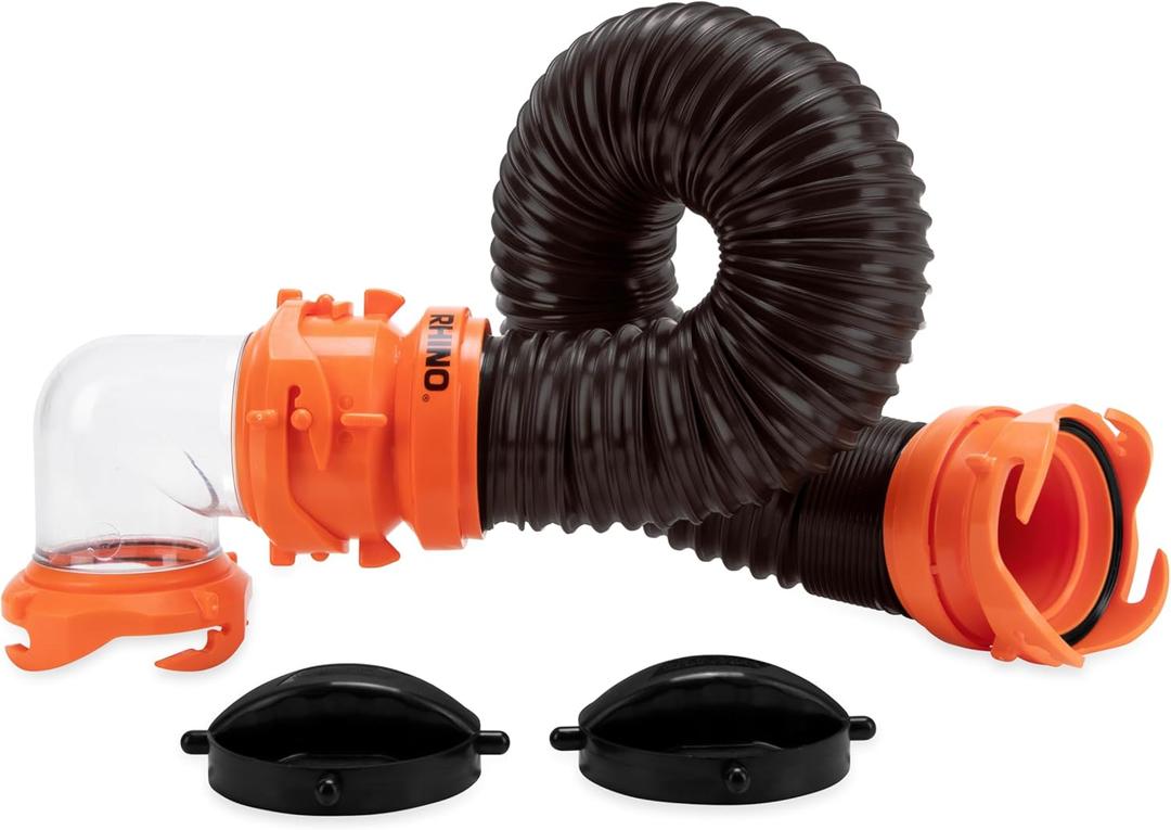 Camco RhinoFLEX Tote Tank 3-foot Sewer Hose Kit - Includes Clear 90-Degree Elbow, Drain Hose & 2 Storage Caps - Features Bayonet RV Sewer Hose Fittings - Connects Tote Tank to a Dump Station (39768)