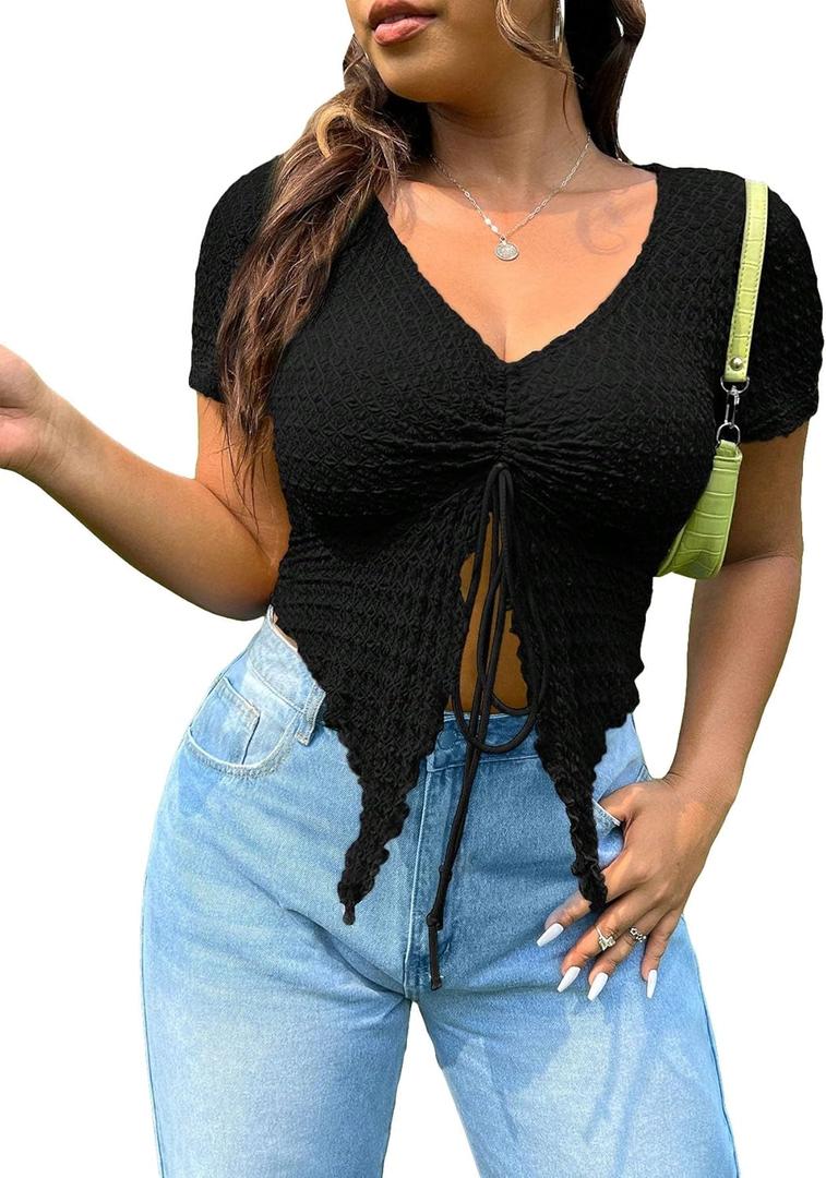 OYOANGLE Women's Plus Size Drawstring Front Lettuce Trim Asymmetrical Hem Tee V Neck Short Sleeve Tops Black, 4XL