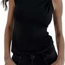 MakeMeChic Women's Asymmetrical Neck Sleeveless Twist Front Summer Tee Shirt Tops, Black, Large