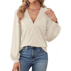 Agnes Urban Womens V Neck Long Sleeve Tops Dressy Casual Fall Shirts Puff Sleeve Loose Tunic Trendy Tops Blouses (S)