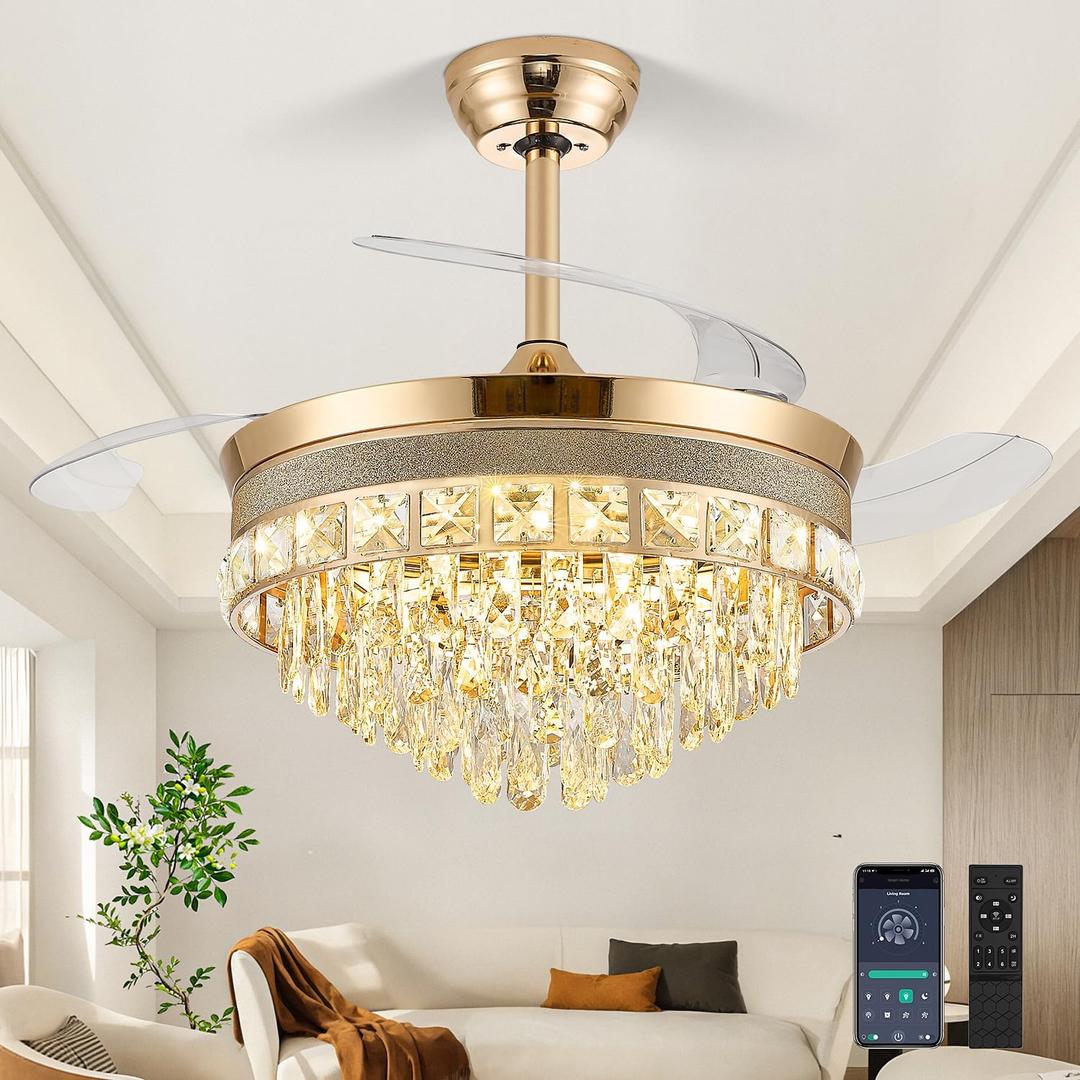 42 Inch Fandelier Ceiling Fan with Light, Chandelier Ceiling Fans with Lights, Crystal Ceiling Fans for Bedroom Living Room, LED Dimmable, 6 Wind Speed,3 Color Temperatures-Gold
