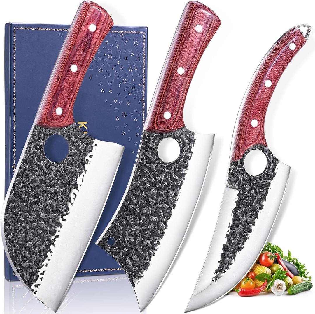 Butcher Knife Set, 3PCS Hand Forged Meat Cleaver, Sharp Serbian Chef Knife & Kitchen Knives & Viking Knives Set for Meat Cutting, Boning Knives for HomeCampingBBQ Gifts Idea Men