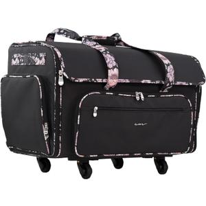Everything Mary XXL Rolling Sewing Machine Case – Black & Floral Trim Wheeled Craft Bag – Spacious Organizer with 4 Wheels & Multiple Pockets for Sewing Supplies