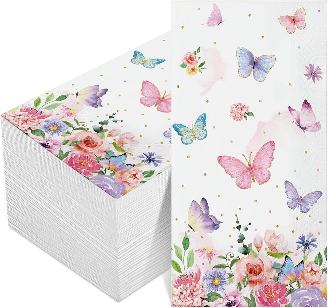 100 Pieces Butterfly Napkins Pink Butterfly Party Paper Guest Towels Disposable Colorful Garden Spring Summer Flower and Butterflies Hand Towels for Wedding Birthday Holiday Decorative Party Supplies (4.33 x 7.87 Inch)