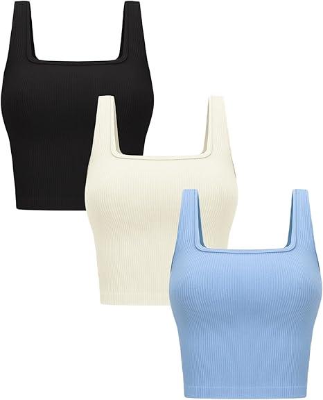 OLCHEE Womens 3 Pack Crop Tank Tops Basic Seamless Ribbed Sleeveless Square Neck Workout Top Summer Exercise Yoga Gym Shirts XS
