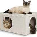 Cat House for Indoor Cats, Scratch Resistance Cat Cave Bed, Felt Peekaboo Cat Hideaway for Large & Multiple Cats Up to 22Lbs, Cream