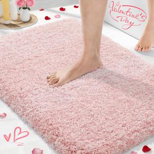 Yimobra Bathroom Rugs Non Slip Washable 36x24, Ultra Soft and Water Absorbent Bath Mats, Plush Fluffy Shower Mat Outside, Luxury Microfiber Thick Matts for Bathroom Floor/Tub, Light Pink and White