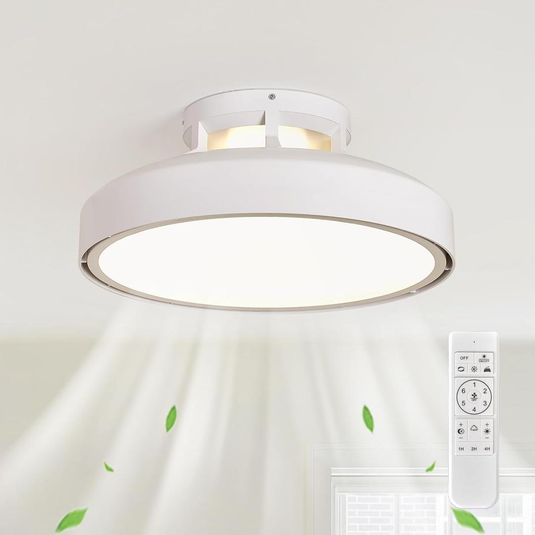 Modern Bladeless Ceiling Fans with Lights and Remote, 18.9" White Embedded Ceiling Fan Light, Flush Mount Dimmable LED Chanelier Fan for Bedroom Kids Room