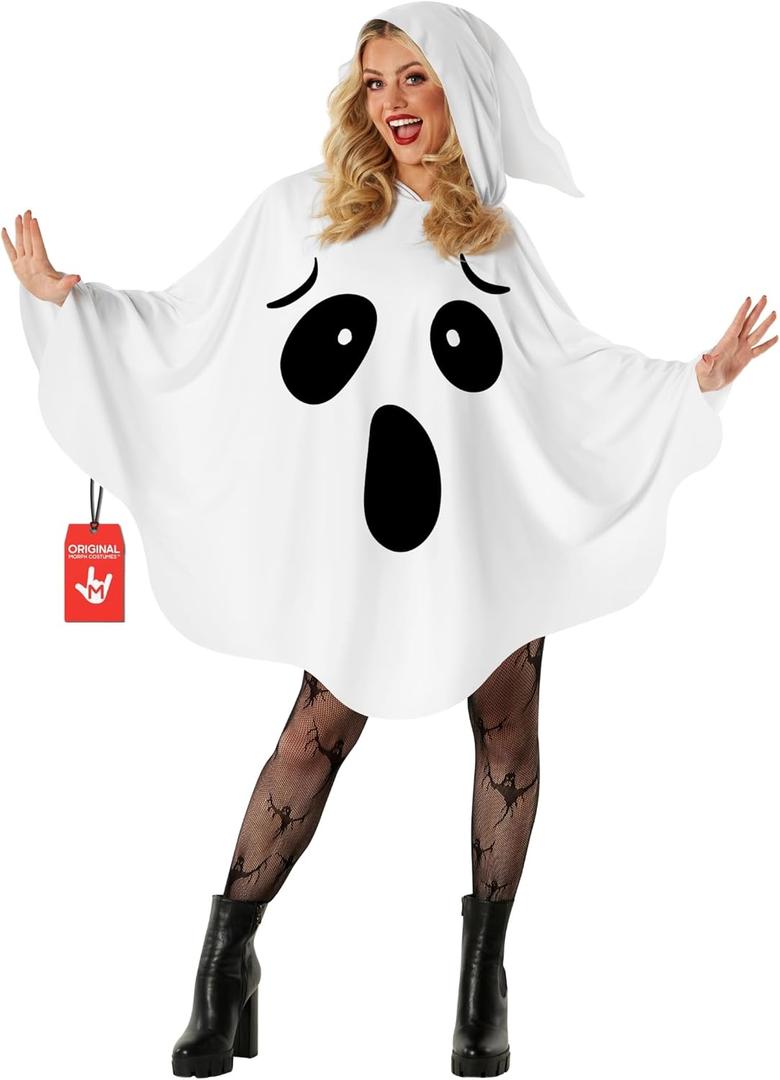 Morph Ghost Costume Adult Women Spooky Ghosts Costume White Ghost Poncho Hooded Cape Adult Spooky Halloween Costumes for Womens