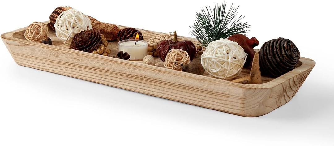 16" Long Wooden Dough Bowl for Home Decor - Rustic Farmhouse decorative bowl, Wood Bowl Kitchen Table Decor, Dining Room Centerpiece with Natural Wood Grain