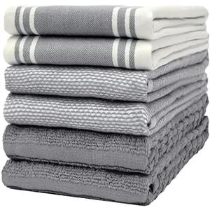 Premium Kitchen Towels (20”x 28”, 6 Pack) | Large Kitchen Hand Towels | Kitchen Towels Cotton | Flat & Terry Towel | Highly Absorbent Tea Towels Set with Hanging Loop | Wide Stripe Grey
