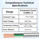 XRDS -RF 8 AWG/2 Metal Clad (MC) Armor Cable with Ground, 100FT Stranded Copper Conductors with Solid Green Ground, Aluminum Armor, THHN/THWN 8/2 Electrical Wire