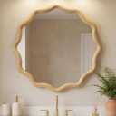 Vercraft 24 Inch Scalloped Wooden Bathroom Round Circle Mirror for Wall, Boho Wavy with Tempered Glass, Natural Frame Hanging for Bedroom, Living Room, Entryway, Farmhouse (Natural Wood Color)