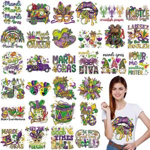 Qeeenar 30 Sheets Mardi Gras Iron on Transfers Masquerade Mask Clown Dwarf Lips Ready to Press Heat Patches Green Purple Yellow Iron on Transfers Stickers for Mardi Gras Shirts Cloth DIY Craft