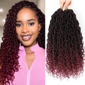 Col Bling 14 Inch 8 Packs Goddess Locs Crochet Hair Ombre Burgundy Faux Locs Crochet Hair for Women Pre Looped with Curly Ends Synthetic (#TBUG)