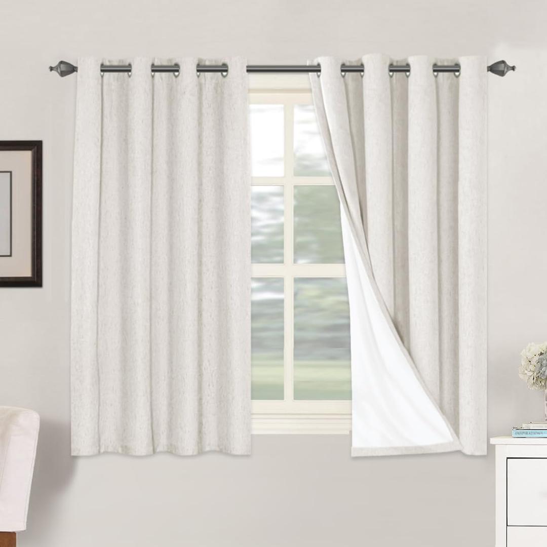 H.VERSAILTEX Primitive Linen Curtains 100% Blackout Curtain Drapes Burlap Fabric Curtains with White Thermal Insulated Liner, Grommet Top Drapes Living Room/Bedroom (2 Panels, 52 x 54 Inch, Ivory)