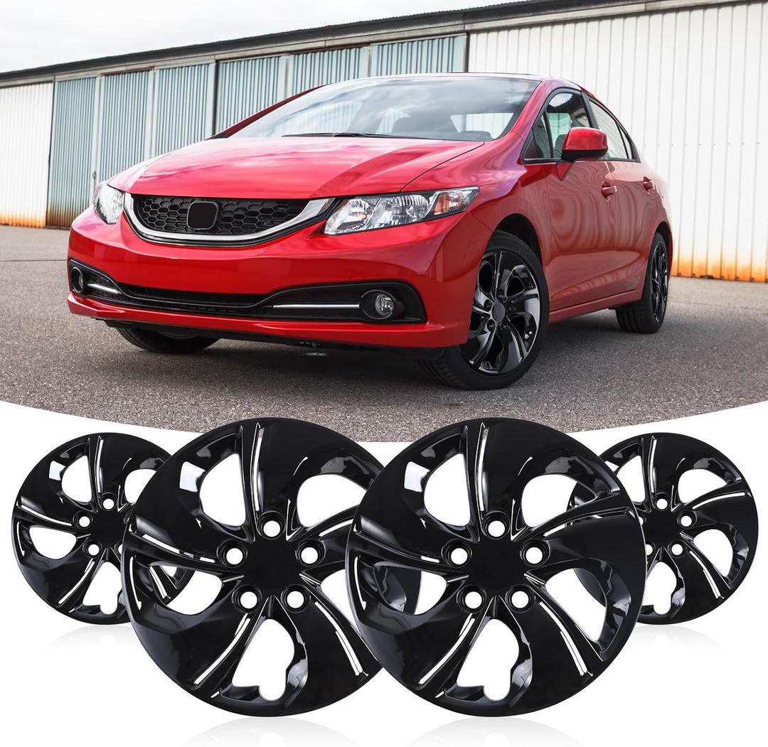 WOLFSTORM 15" Hubcaps for Honda Civic Sedan 2013-2015, Honda Civic Coupe 2013 Steel Wheel, R15 Car Hubcaps Bolt-On Installation 15 Inch Wheel Rim Cover Set of 4, Black Lacquer
