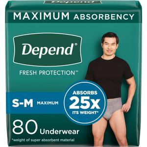 Depend Fresh Protection Adult Incontinence Underwear for Men, Disposable, Maximum, Small/Medium, Grey, 80 Count (2 Packs of 40), Packaging May Vary (Small/Medium)