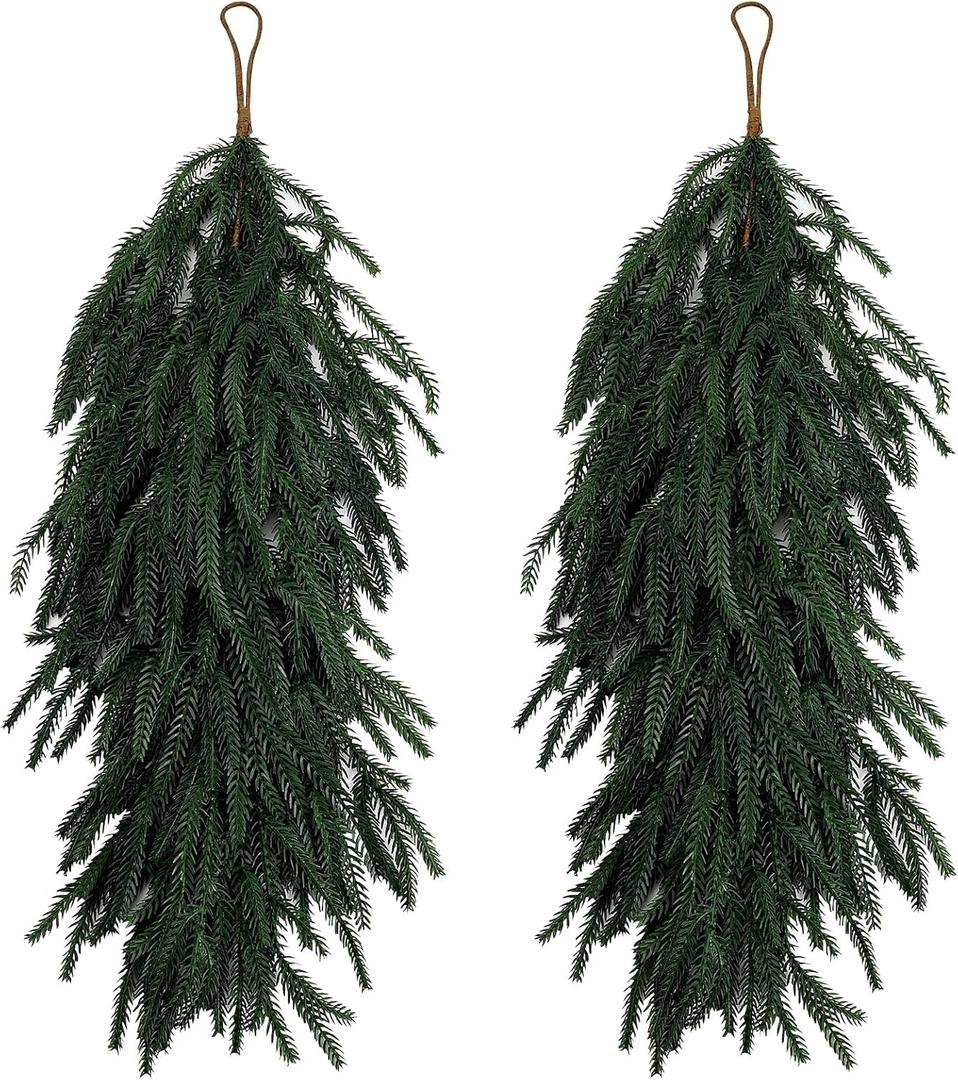 2 Pcs Christmas Swag - 27 Inch Teardrop Swag with Artificial Pine Needles Greenery Swags for Xmas Front Door Staircase Window Wall Mantel Decor - Dark Green